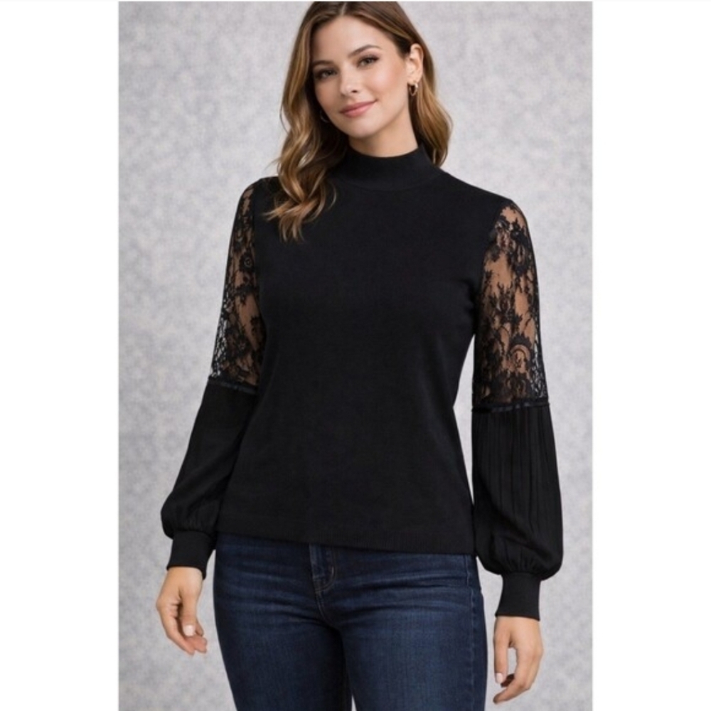 Belldini Lace Pleated Long Sleeve Mock Turtleneck Sweater Blouse Knit Black XL